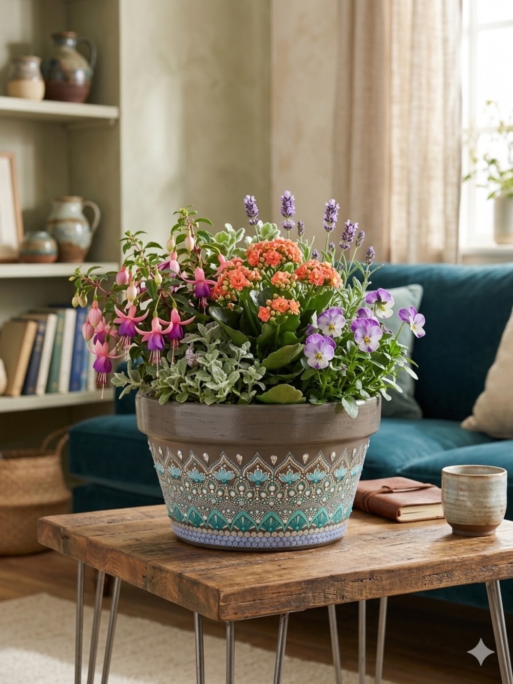 Hand-Painted Terracotta Pot – Mandala Style with Crystals – Boho Design – 10”
